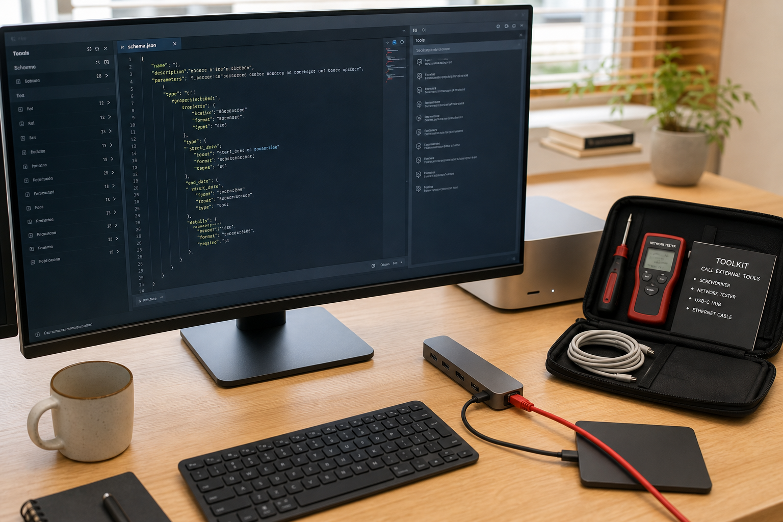 开发者工作台上的 JSON 编辑器与接线工具，象征 Function Calling 把模型接到外部 API